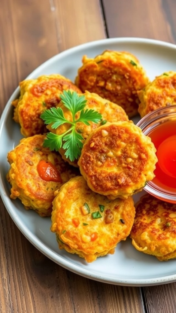 Crispy air fryer fritters made with grated vegetables, served with dipping sauce on a rustic table.